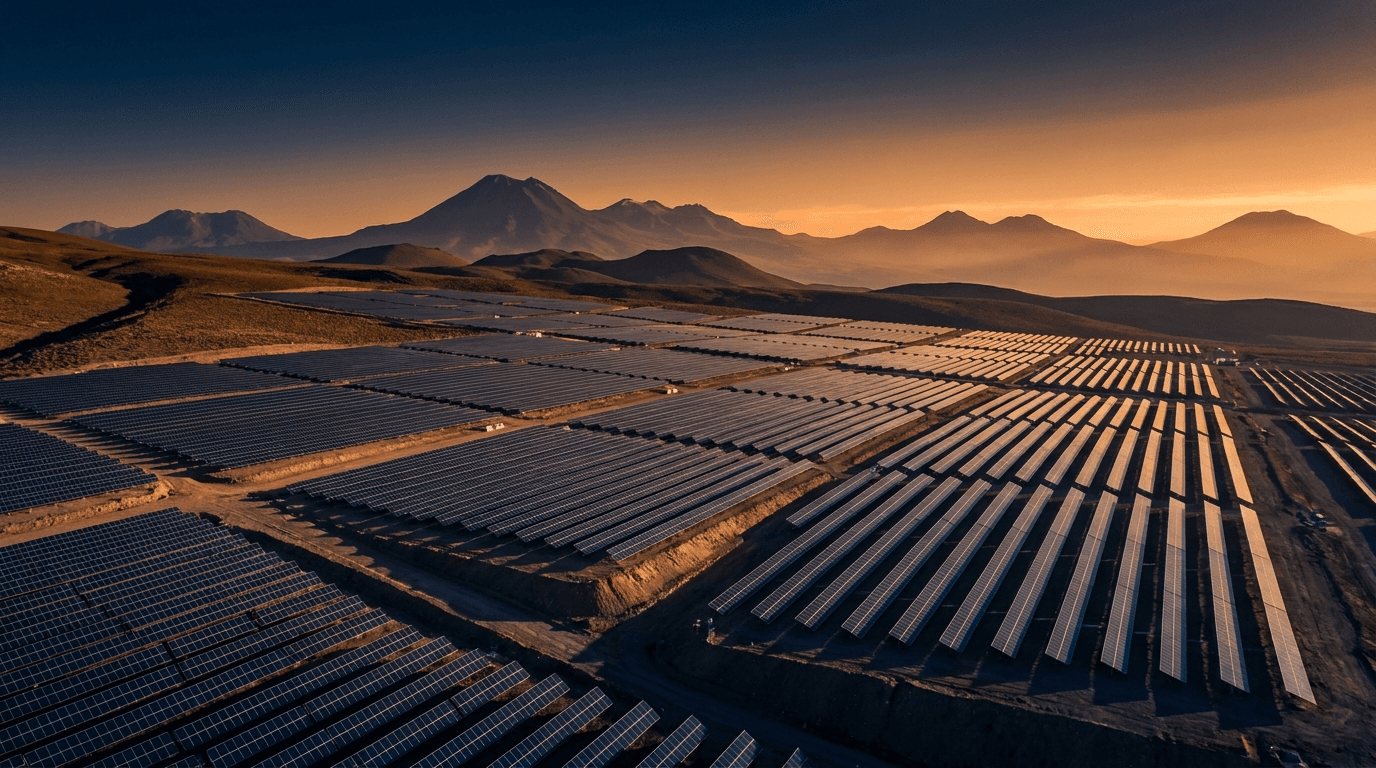 Planta solar de gran escala al atardecer